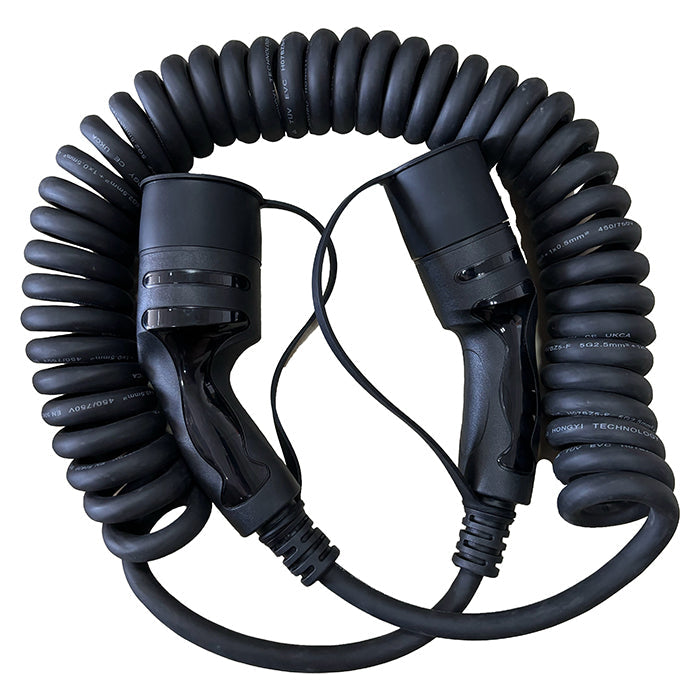 Spiralladdkabel för elbil – Typ 2, 16A, 3-fas, 5 meter (upp till 11 kW)