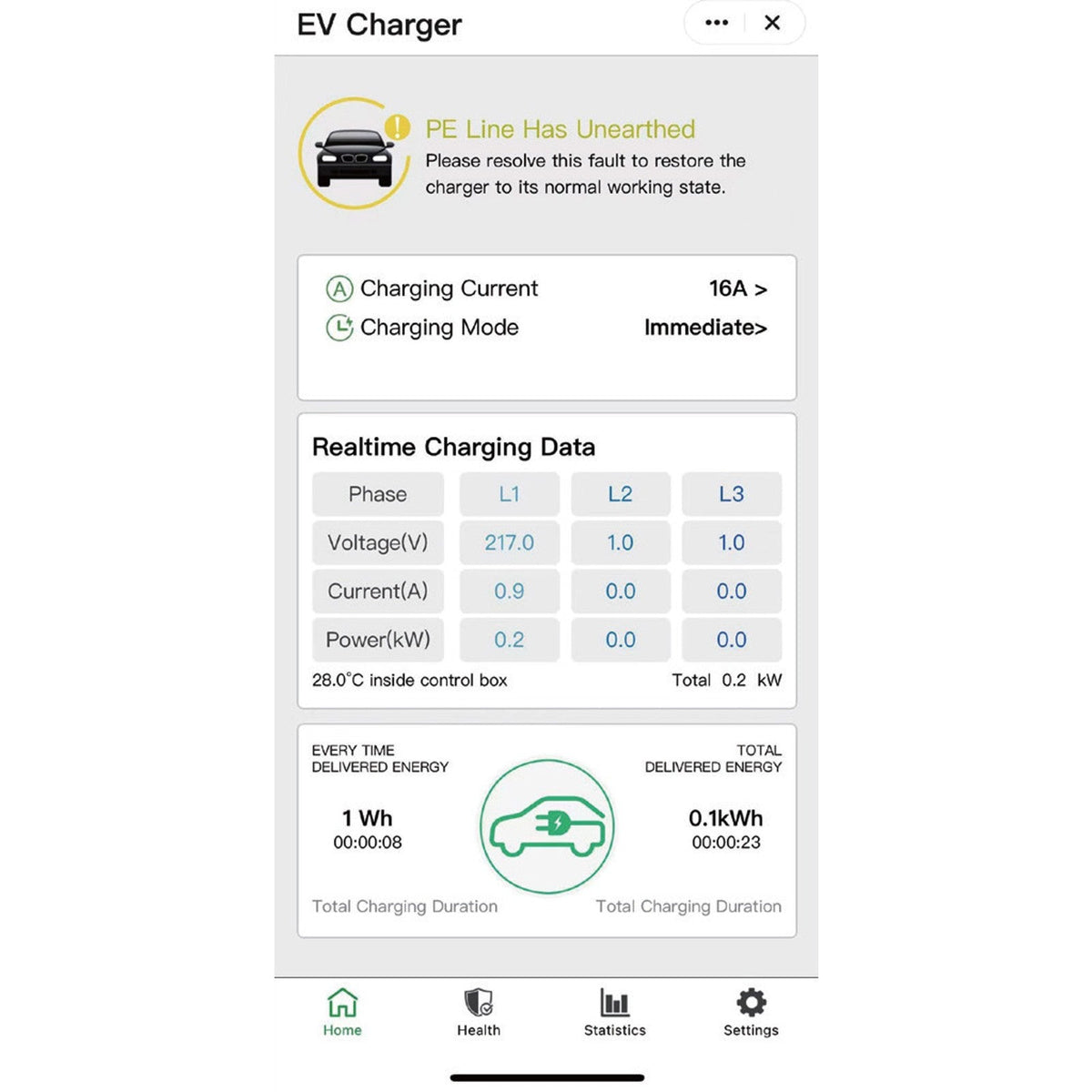 Smart Life-appen till Chargr laddboxen med laddström, laddata och felstatus