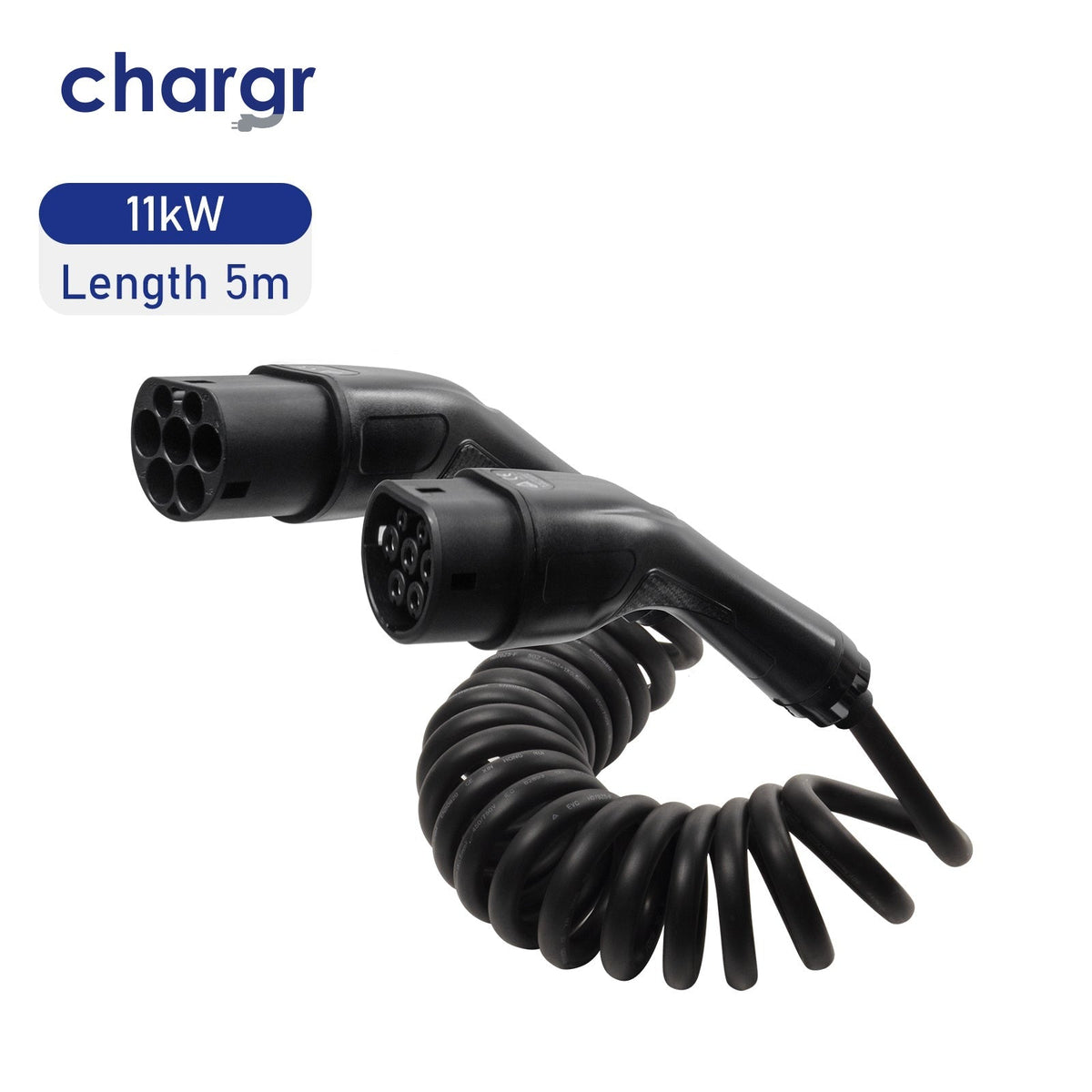 Chargr 11 kW spiral-laddkabel Typ 2, 5 meter - kontakter och spiralkabel